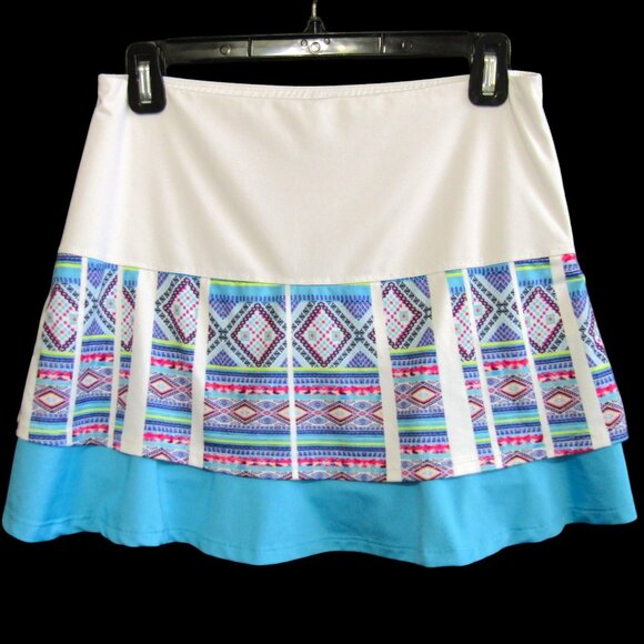 Lucky in Love Tennis Skort Size M Aztec Print White Blue Athletic Skirt Stretch